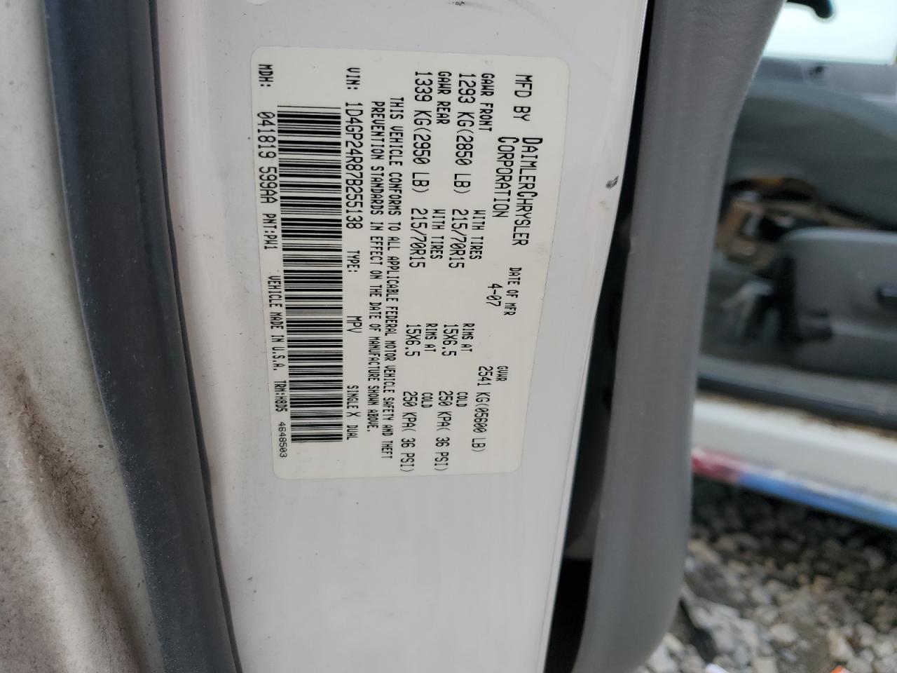 2007 Dodge Grand Caravan Se VIN: 1D4GP24R87B255138 Lot: 91594945