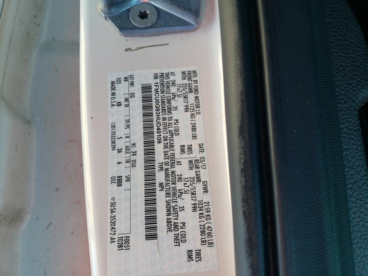 2017 Ford Escape Se VIN: 1FMCU0G93HUD49109 Lot: 92622435