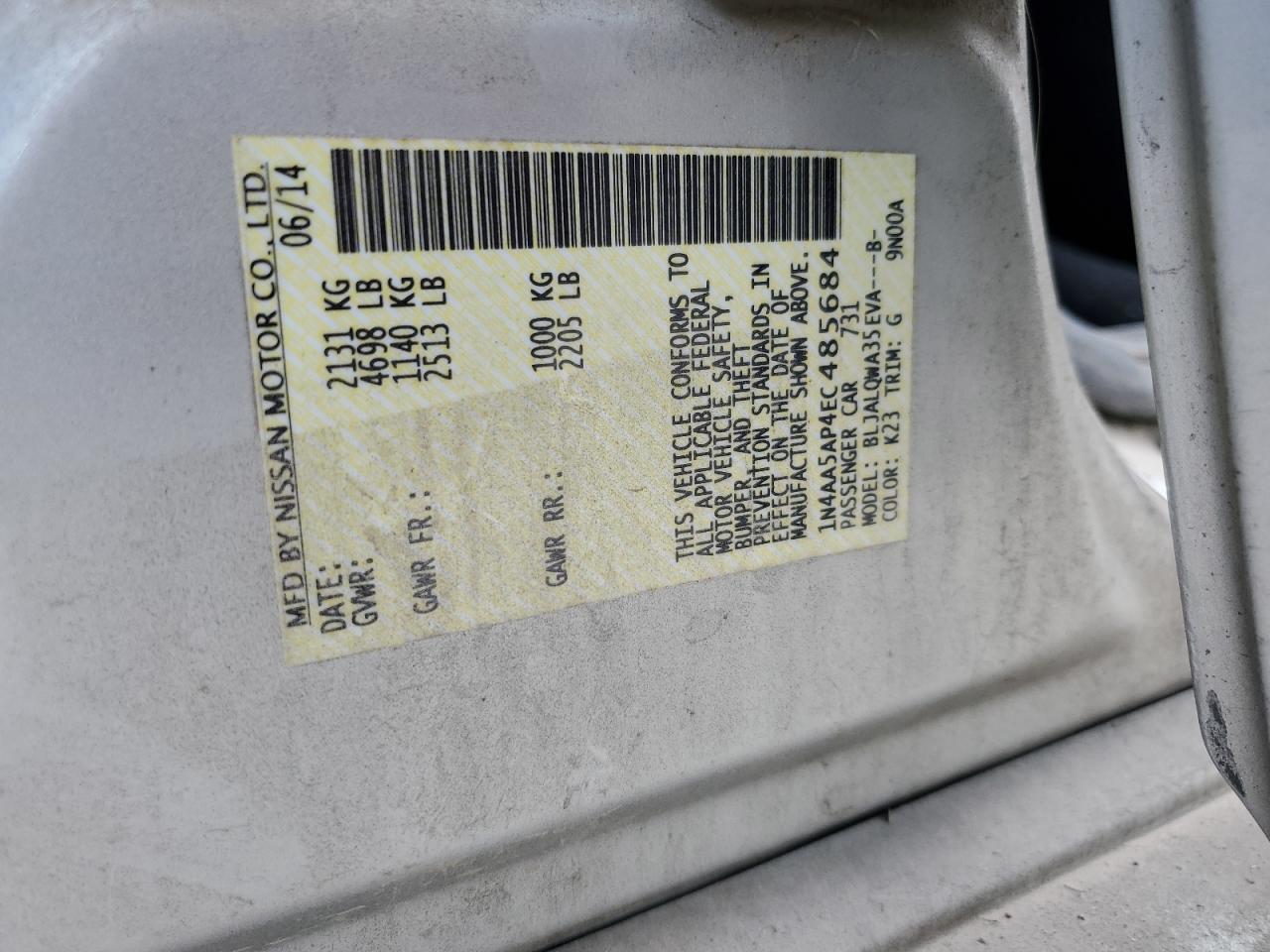 2014 Nissan Maxima S VIN: 1N4AA5AP4EC485684 Lot: 91737565