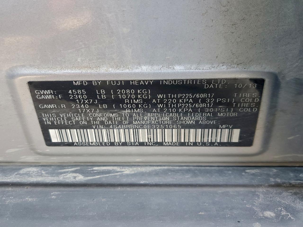 2014 Subaru Outback 2.5I Limited VIN: 4S4BRBNC0E3251065 Lot: 94761485