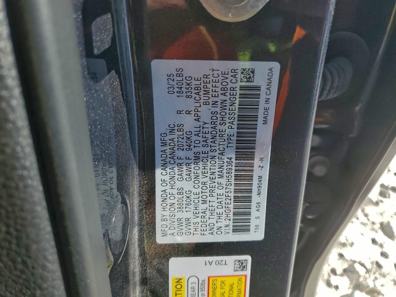 2025 Honda Civic Sport VIN: 2HGFE2F57SH589364 Lot: 94575375