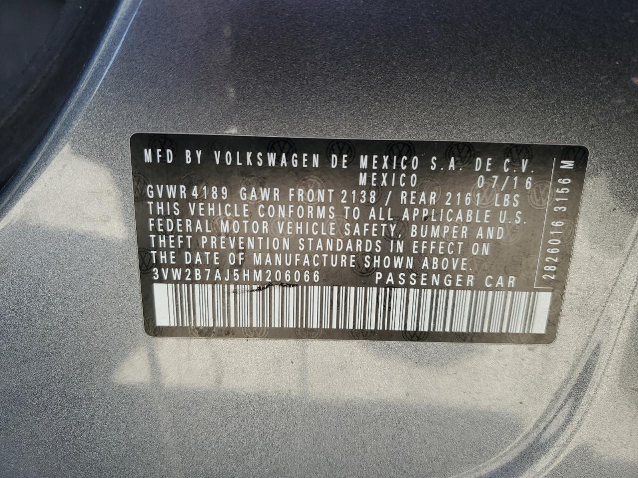 2017 Volkswagen Jetta S VIN: 3VW2B7AJ5HM206066 Lot: 91285745