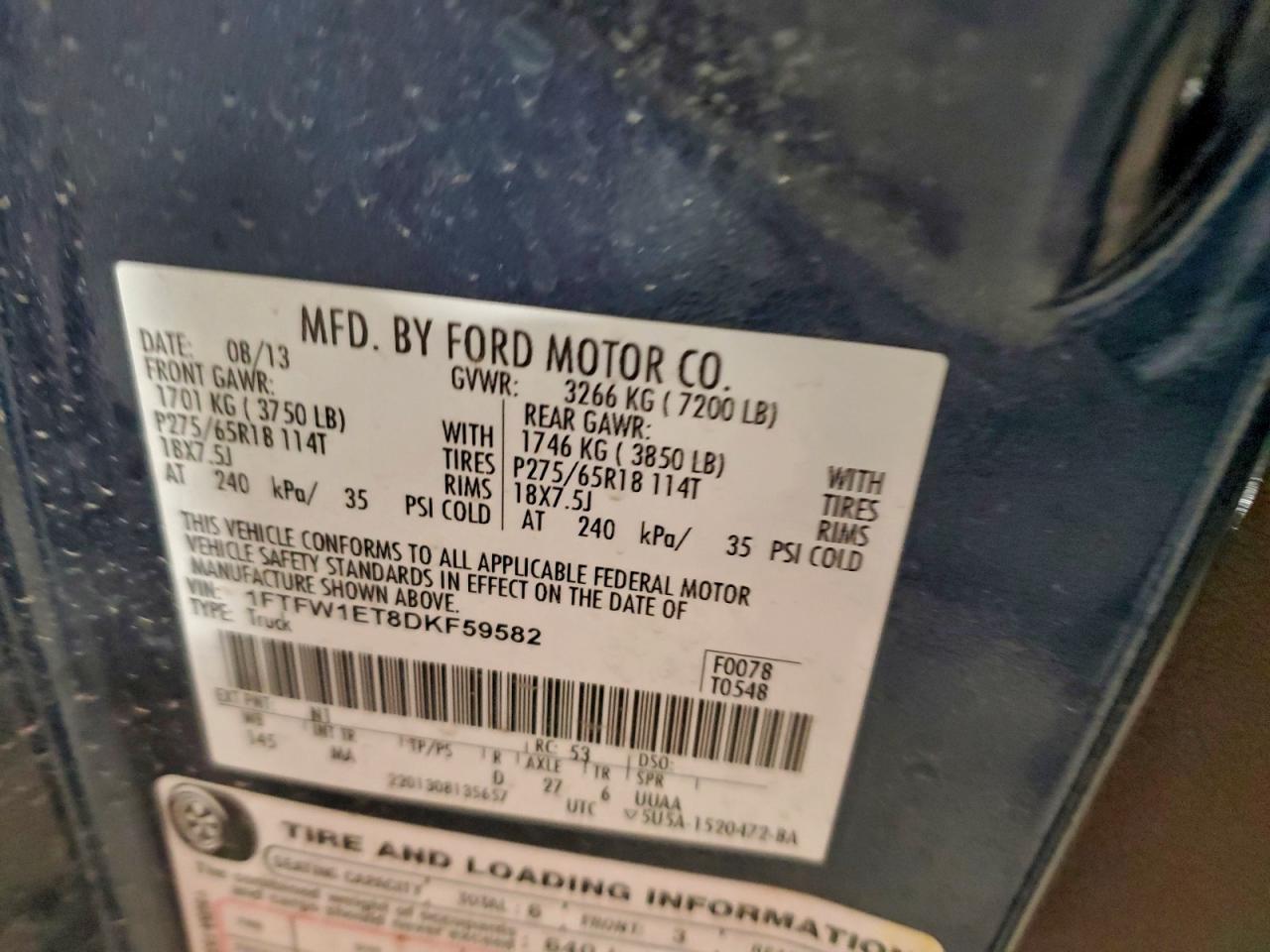 2013 Ford F150 Supercrew VIN: 1FTFW1ET8DKF59582 Lot: 93667805