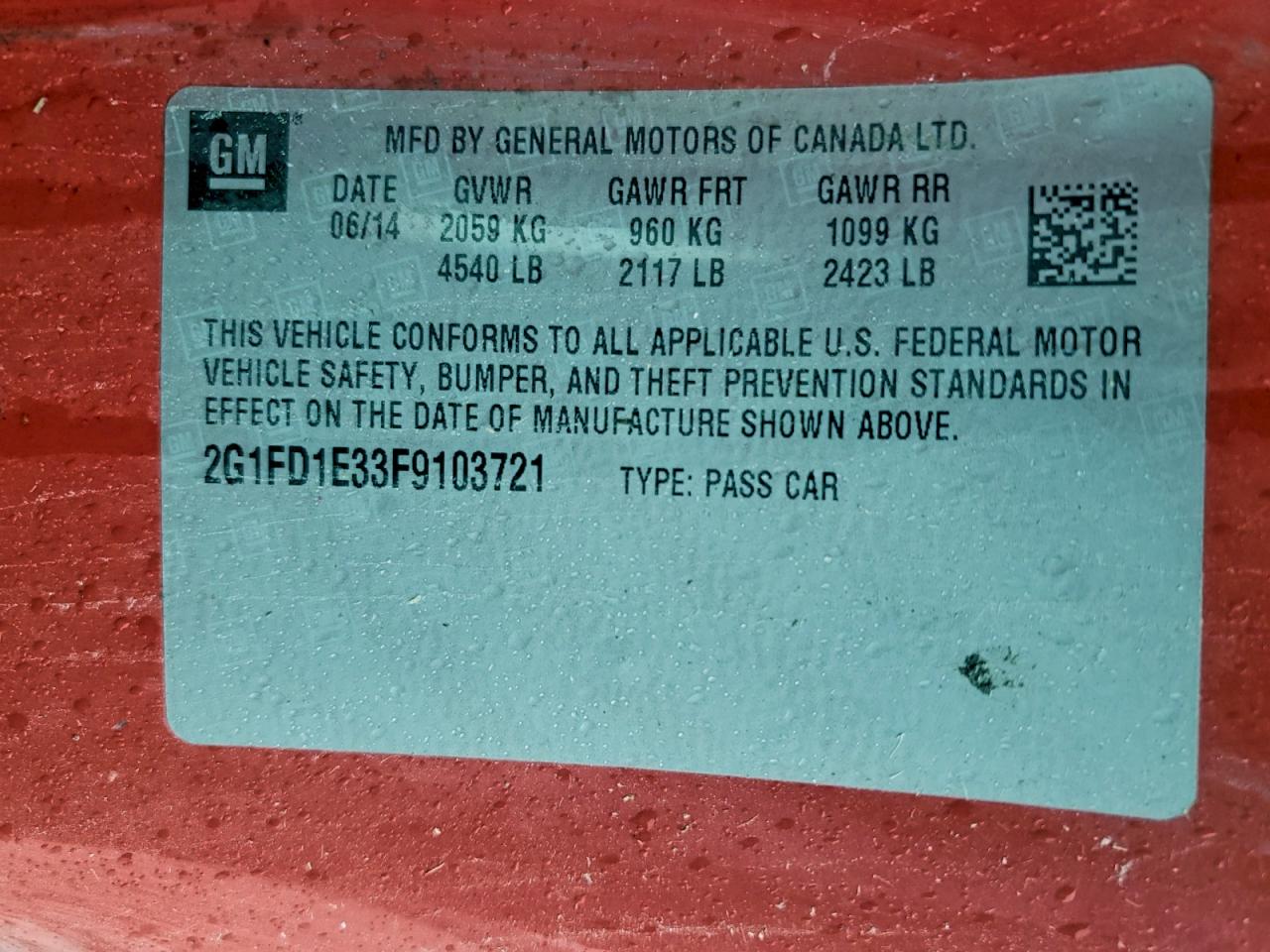 2015 Chevrolet Camaro Lt VIN: 2G1FD1E33F9103721 Lot: 89555175