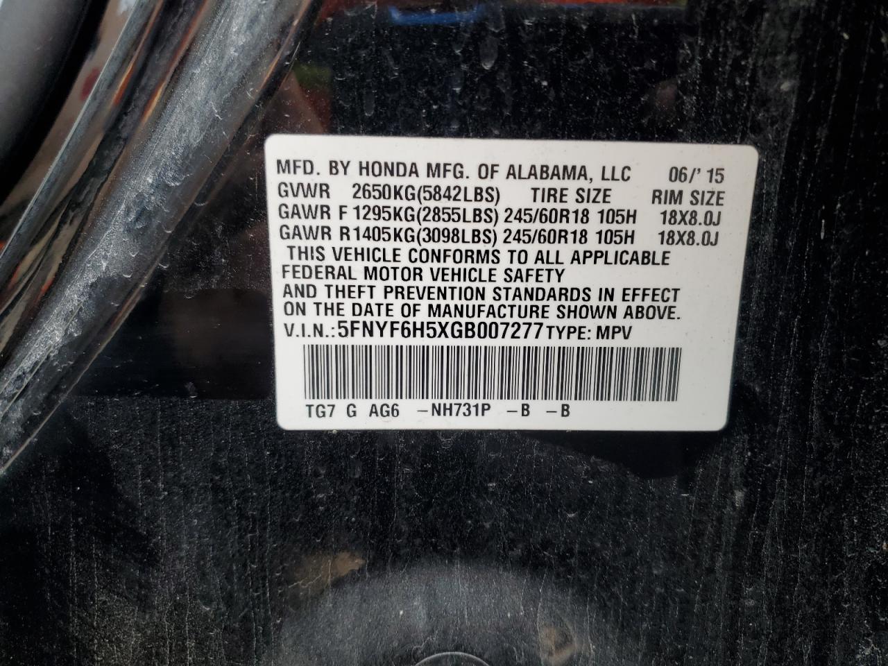 2016 Honda Pilot Exl VIN: 5FNYF6H5XGB007277 Lot: 92400995