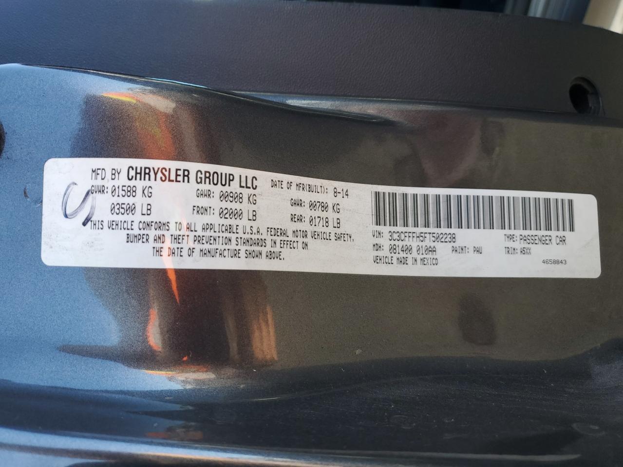 2015 Fiat 500 Abarth VIN: 3C3CFFFH5FT502238 Lot: 91918275