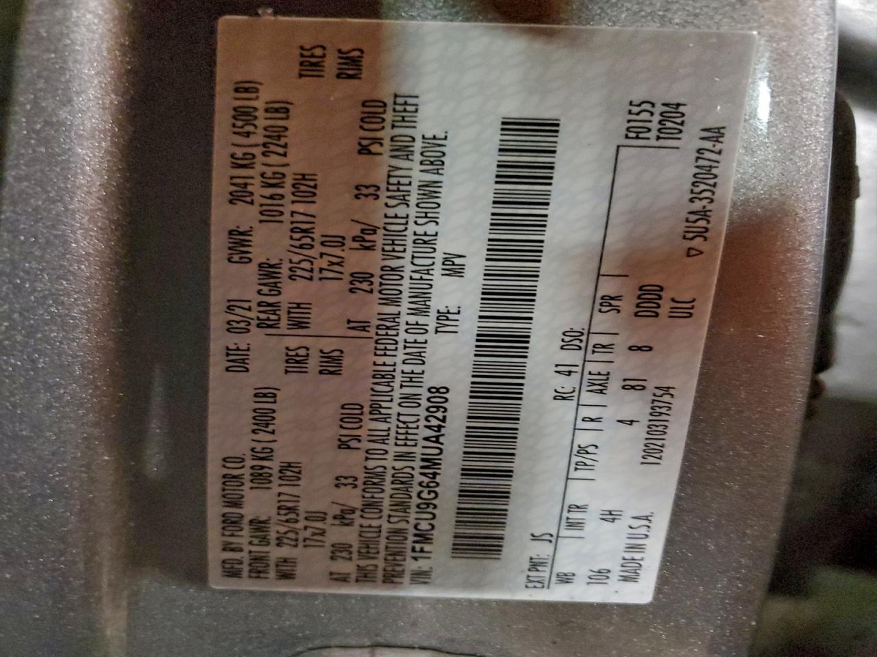 2021 Ford Escape Se VIN: 1FMCU9G64MUA42908 Lot: 93765965