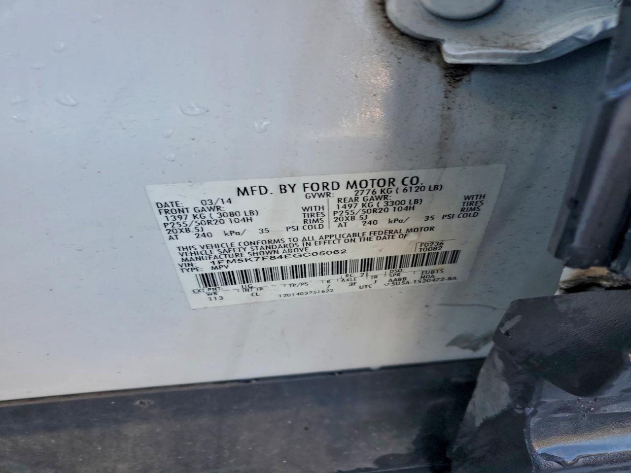 2014 Ford Explorer Limited VIN: 1FM5K7F84EGC05062 Lot: 92901275