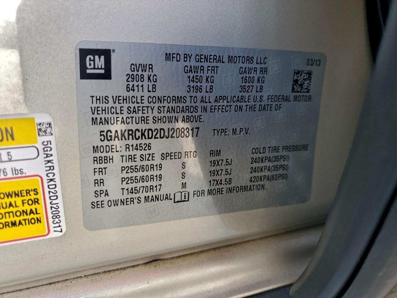 2013 Buick Enclave VIN: 5GAKRCKD2DJ208317 Lot: 94250365