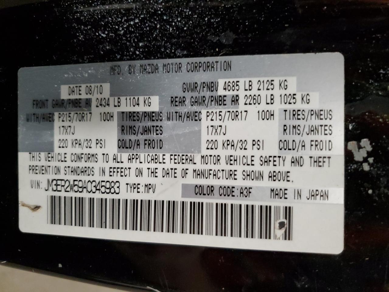 2010 Mazda Cx-7 VIN: JM3ER2W59A0345983 Lot: 93314415