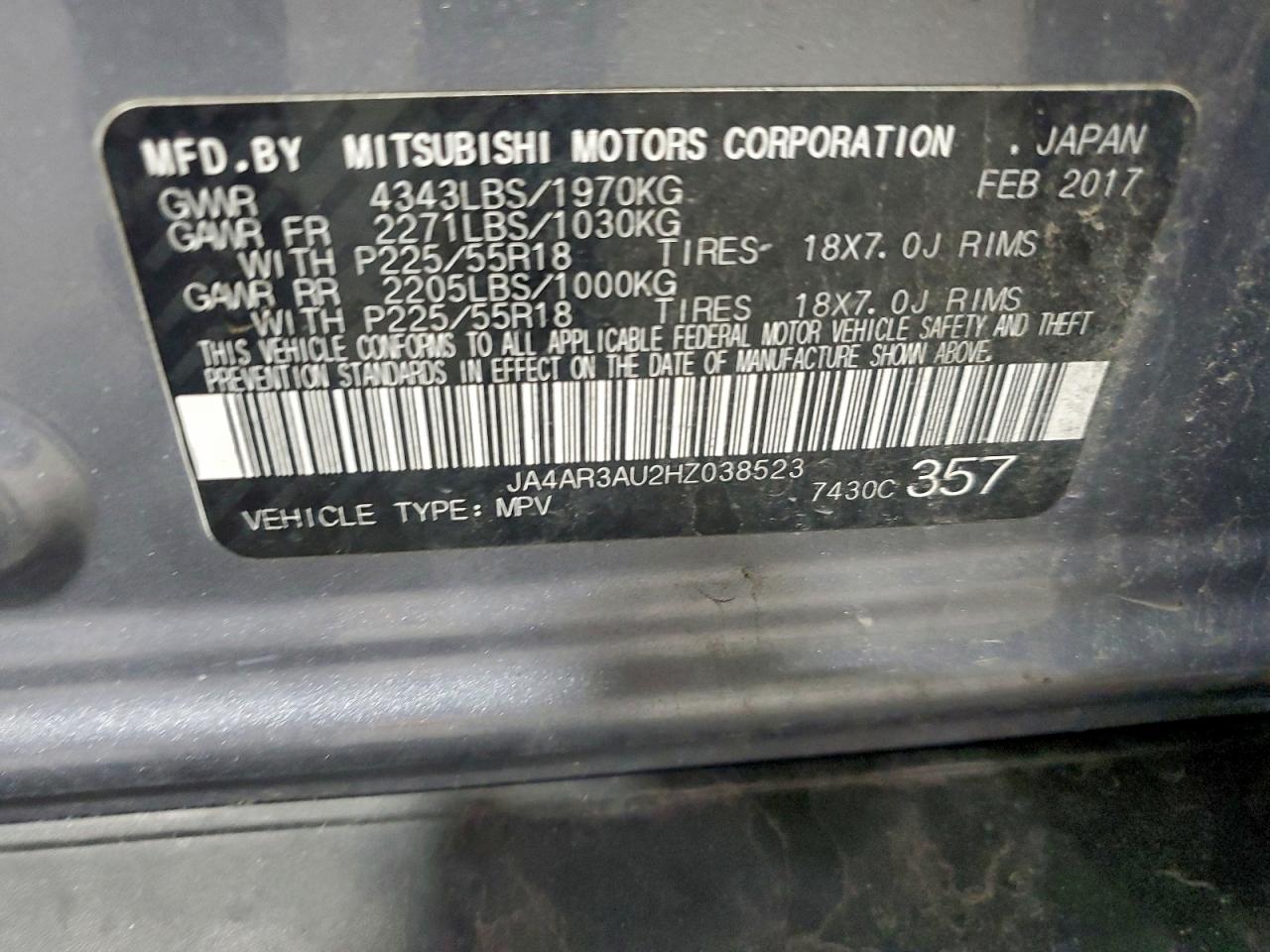 2017 Mitsubishi Outlander Sport Es VIN: JA4AR3AU2HZ038523 Lot: 93349475