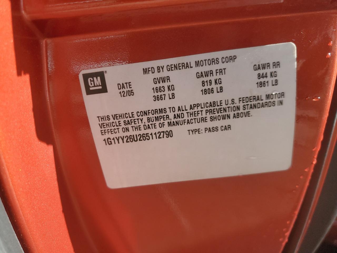 2006 Chevrolet Corvette VIN: 1G1YY26U265112790 Lot: 91838825