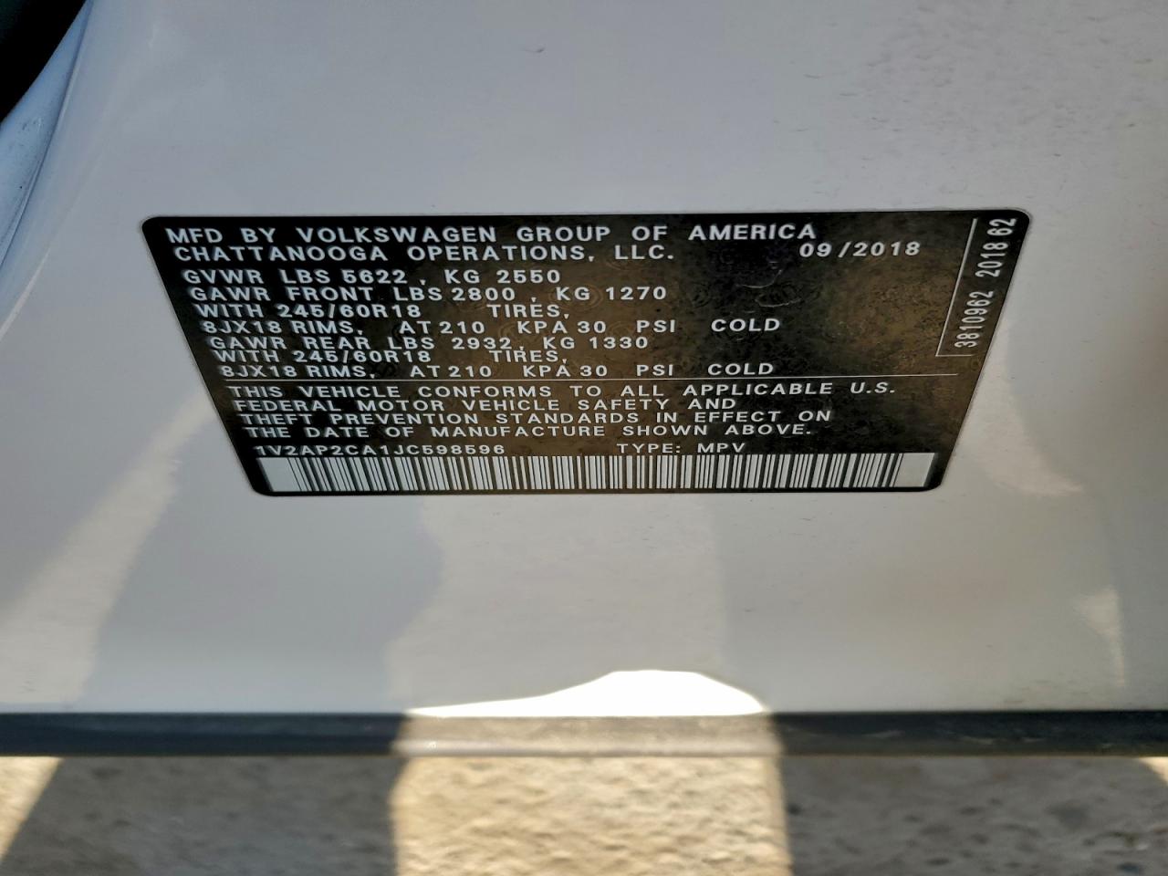 2018 Volkswagen Atlas S VIN: 1V2AP2CA1JC598596 Lot: 94075275