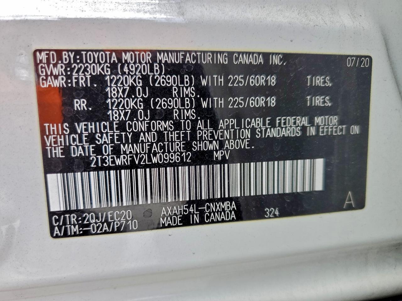 2020 Toyota Rav4 Xse VIN: 2T3EWRFV2LW099612 Lot: 94287975