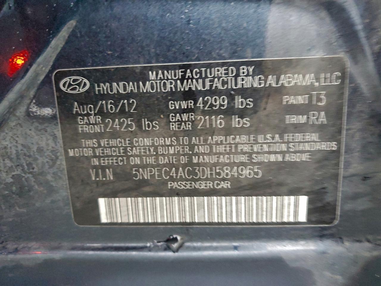 2013 Hyundai Sonata Se VIN: 5NPEC4AC3DH584965 Lot: 94391785