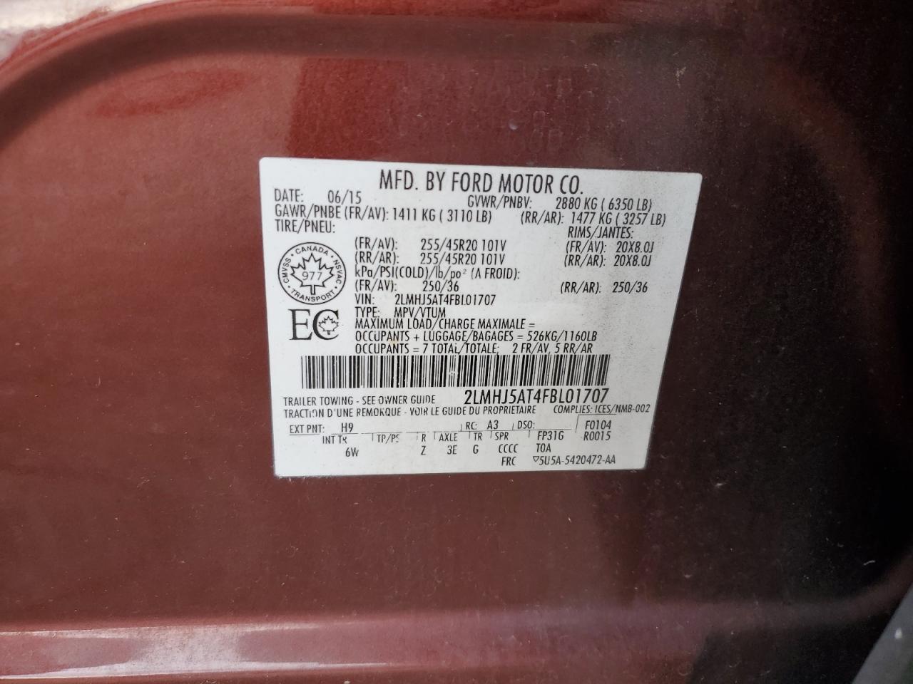 2015 Lincoln Mkt VIN: 2LMHJ5AT4FBL01707 Lot: 92398715