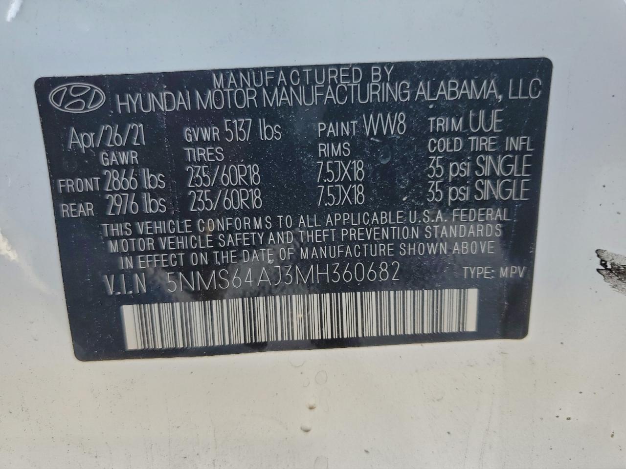 2021 Hyundai Santa Fe Sel VIN: 5NMS64AJ3MH360682 Lot: 94221675