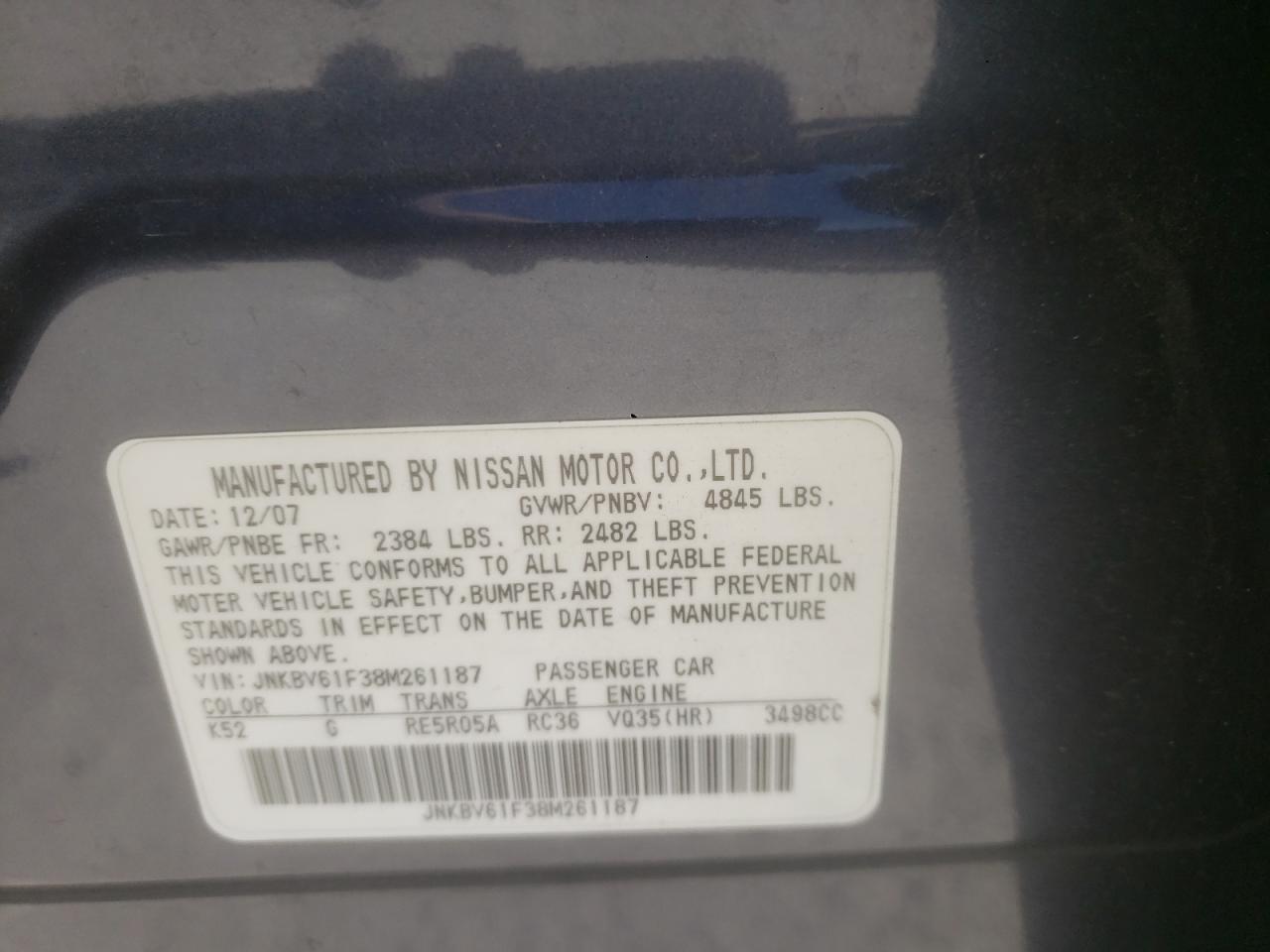 2008 Infiniti G35 VIN: JNKBV61F38M261187 Lot: 91975655