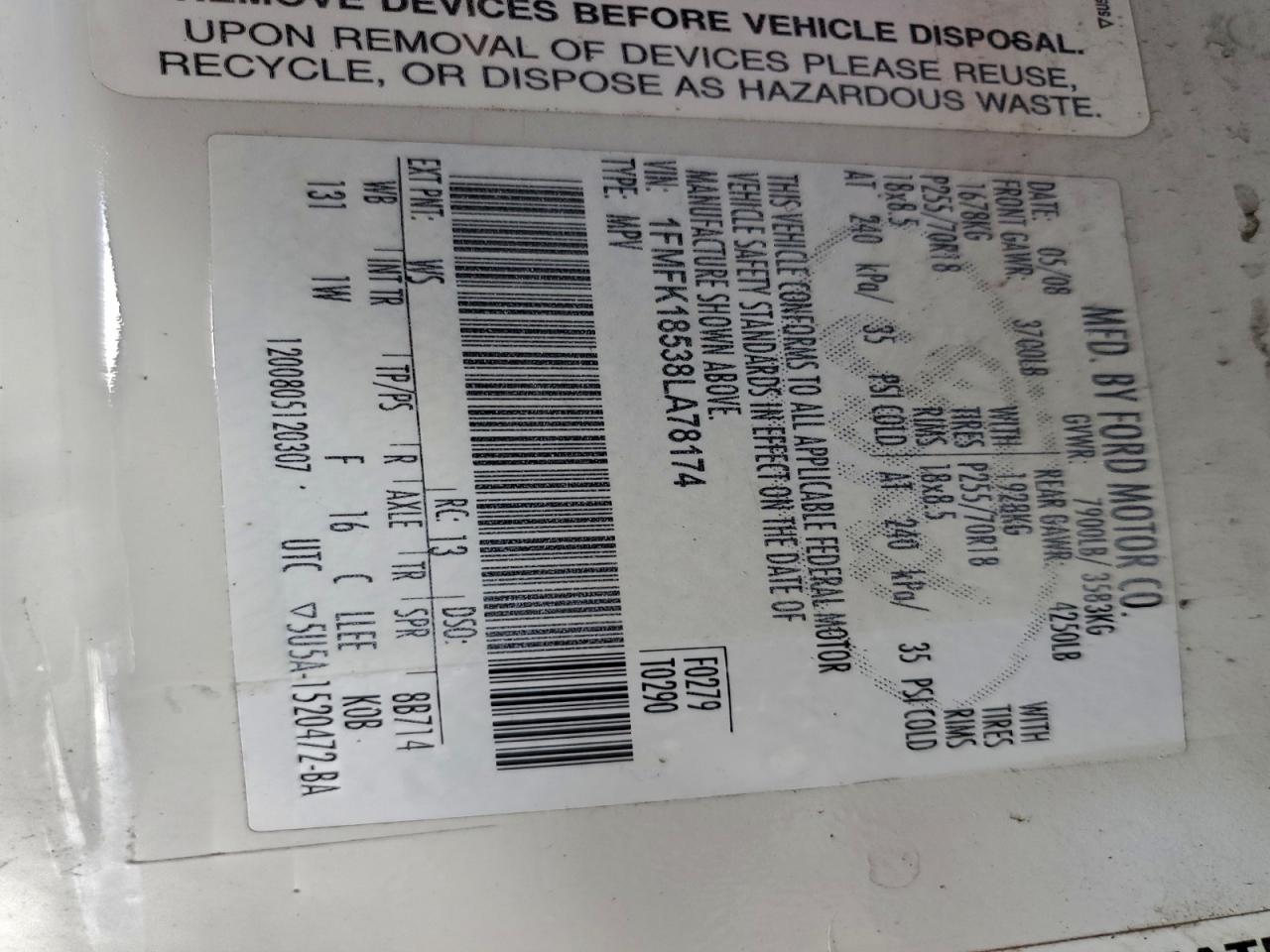 2008 Ford Expedition El Eddie Bauer VIN: 1FMFK18538LA78174 Lot: 94527635