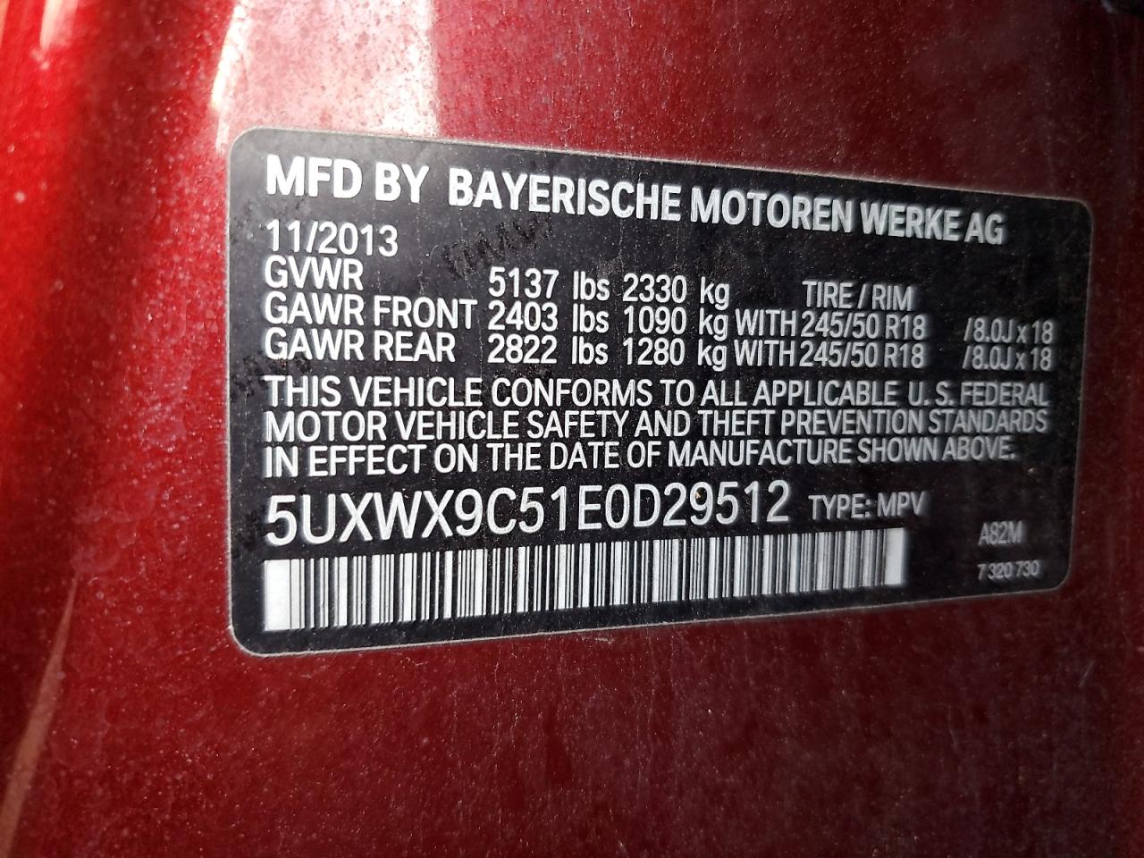 2014 BMW X3 xDrive28I VIN: 5UXWX9C51E0D29512 Lot: 93489695