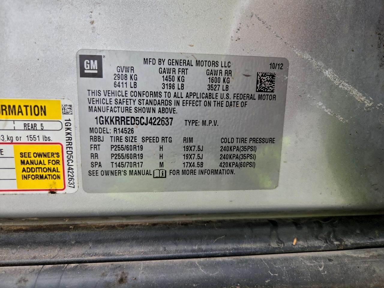2012 GMC Acadia Slt-1 VIN: 1GKKRRED5CJ422637 Lot: 94171335