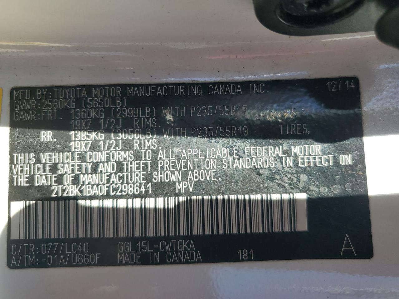 2015 Lexus Rx 350 Base VIN: 2T2BK1BA0FC298641 Lot: 91479835