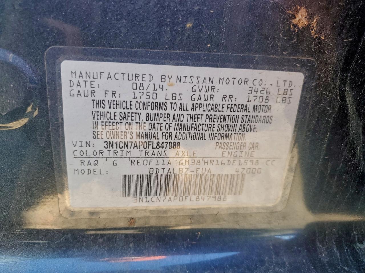 2015 Nissan Versa S VIN: 3N1CN7AP0FL847988 Lot: 94126005