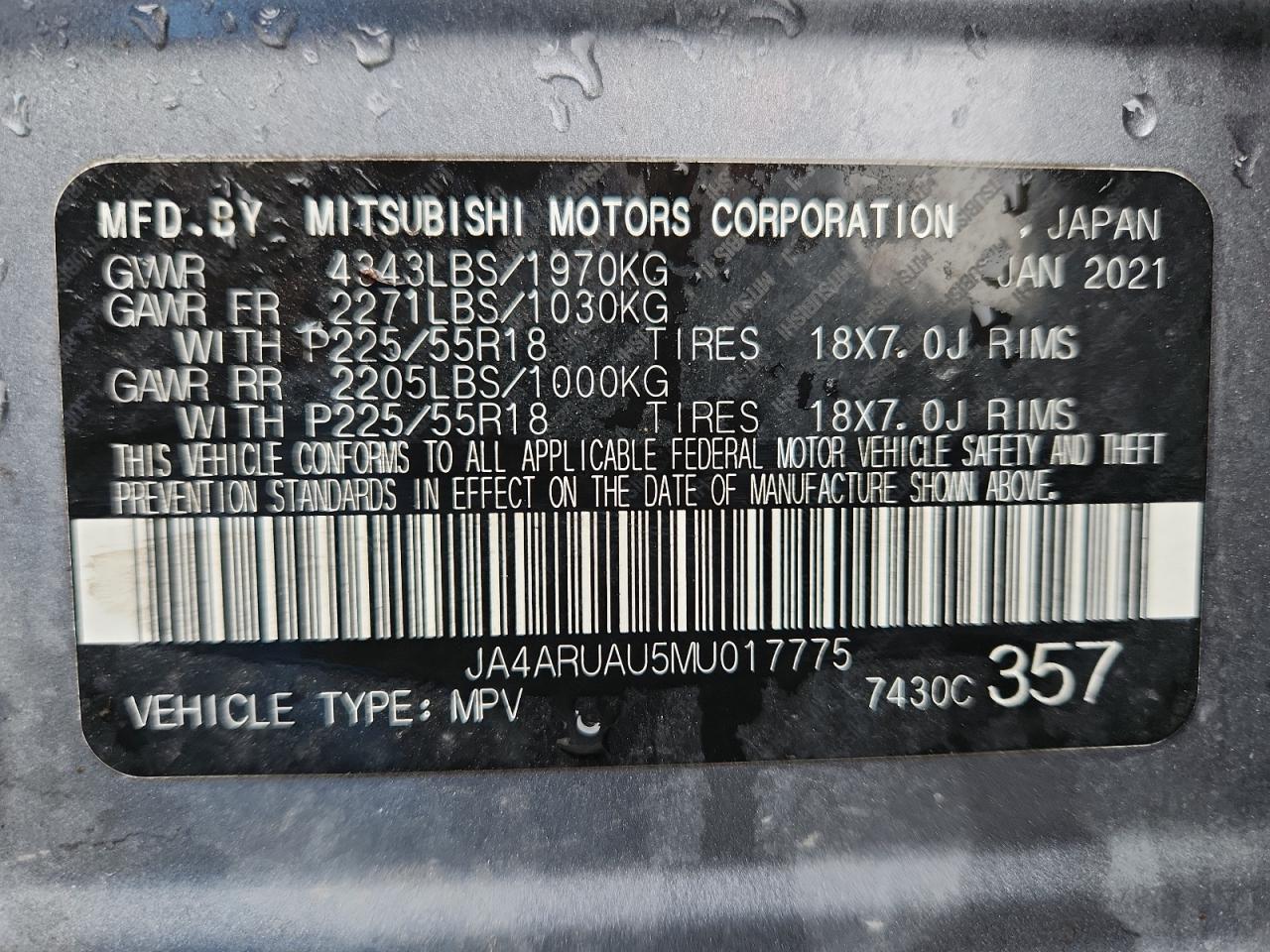 2021 Mitsubishi Outlander Sport Es VIN: JA4ARUAU5MU017775 Lot: 92726385