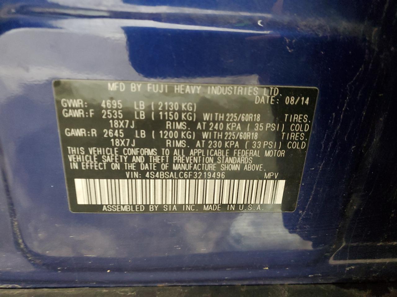 2015 Subaru Outback 2.5I Limited VIN: 4S4BSALC6F3219496 Lot: 93281205