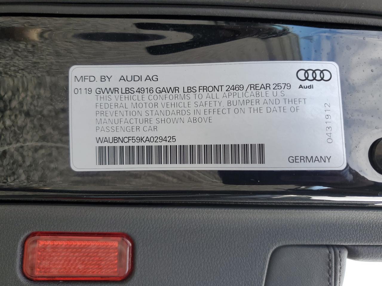 2019 Audi A5 Premium Plus VIN: WAUBNCF59KA029425 Lot: 93565635