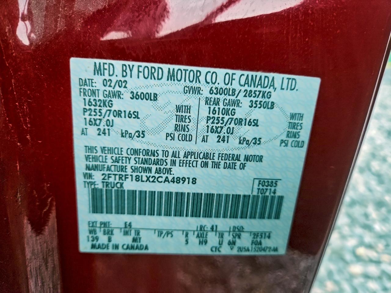 2002 Ford F150 VIN: 2FTRF18LX2CA48918 Lot: 94481655