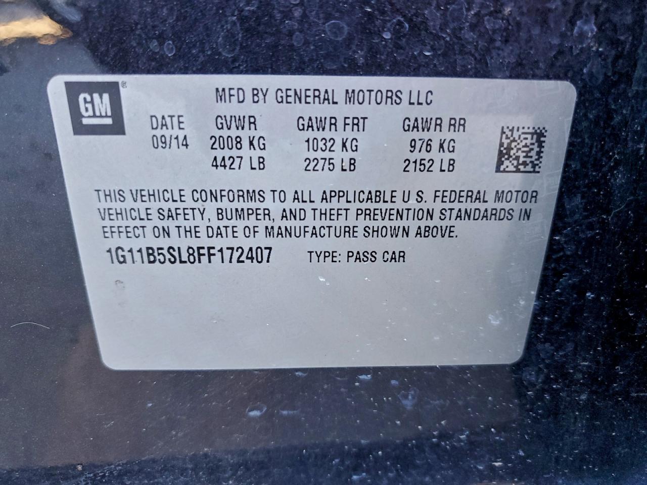 2015 Chevrolet Malibu Ls VIN: 1G11B5SL8FF172407 Lot: 93996435