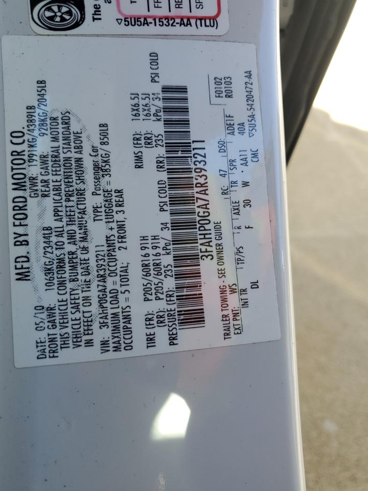 2010 Ford Fusion S VIN: 3FAHP0GA7AR393211 Lot: 90780195