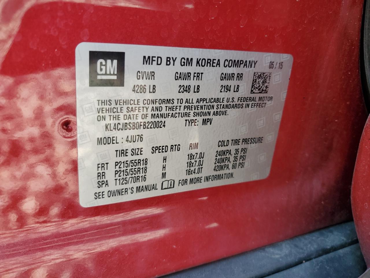 2015 Buick Encore Convenience VIN: KL4CJBSB0FB220024 Lot: 91839985