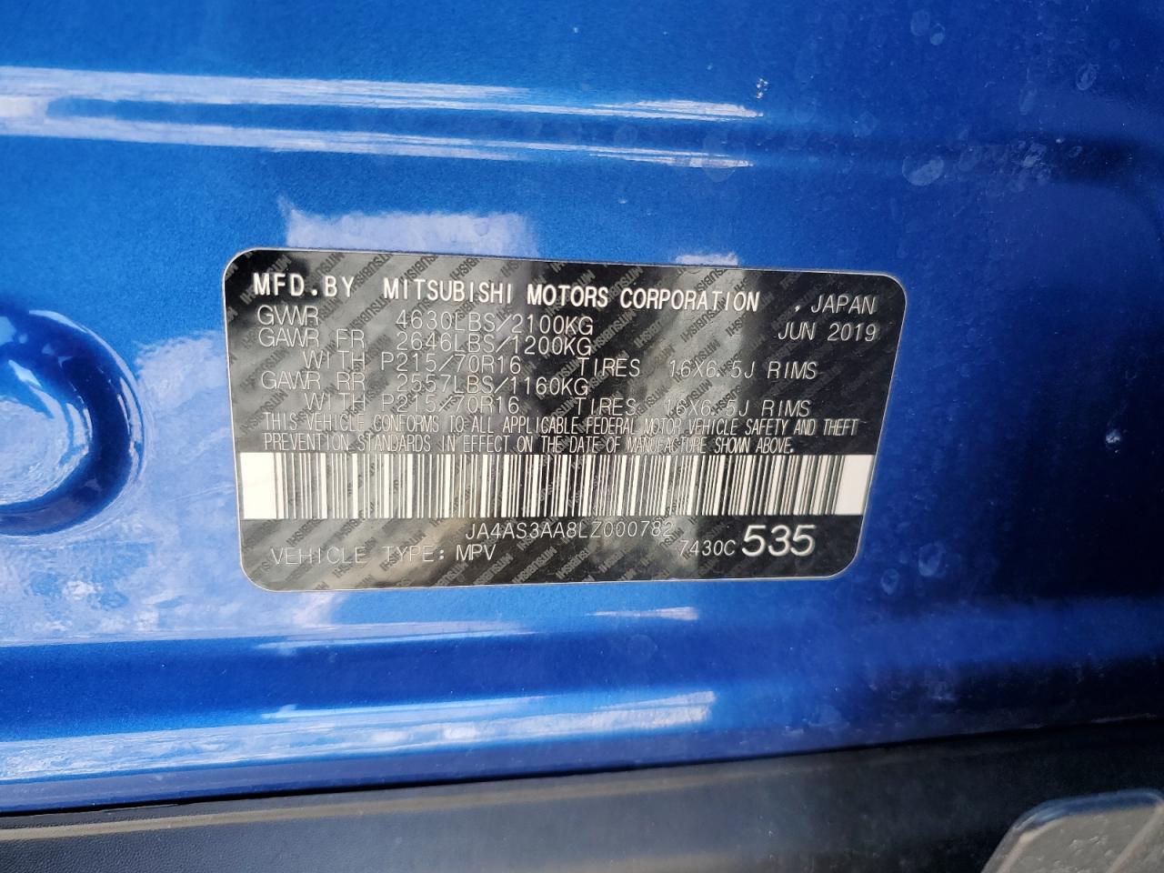 2020 Mitsubishi Eclipse Cross Es VIN: JA4AS3AA8LZ000782 Lot: 91216195