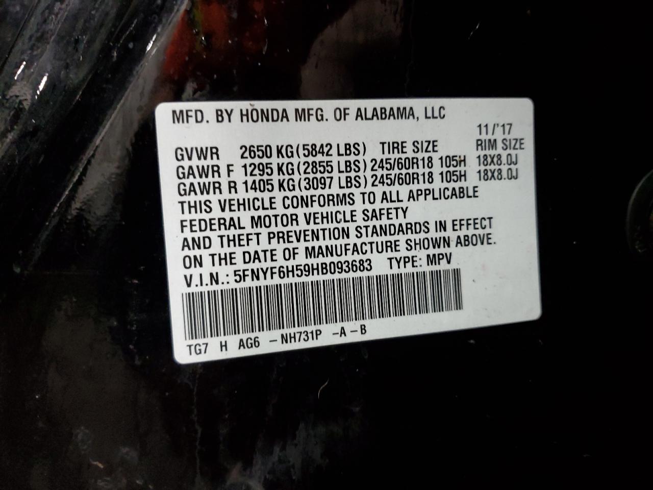 2017 Honda Pilot Exl VIN: 5FNYF6H59HB093683 Lot: 91787335