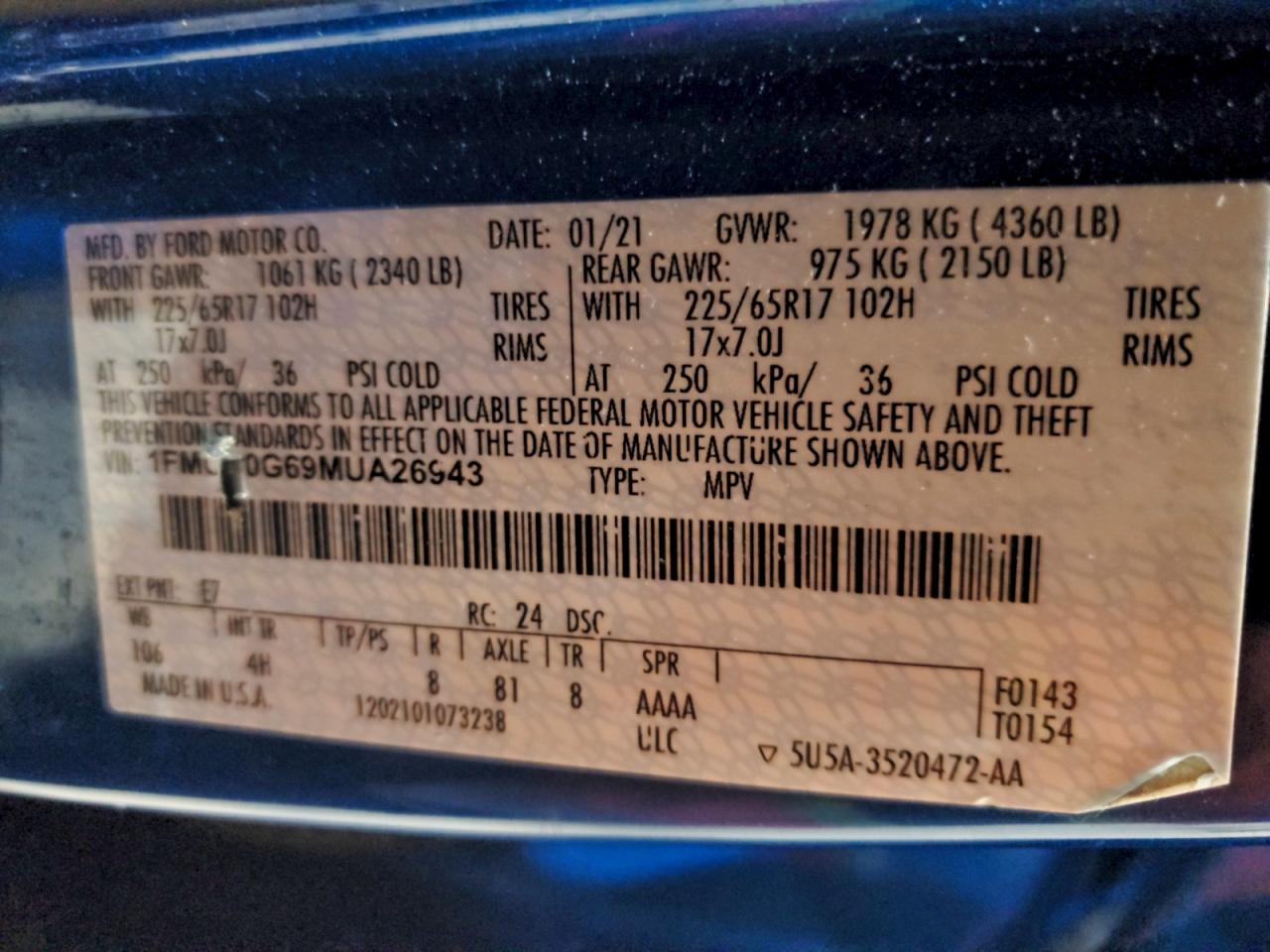 2021 Ford Escape Se VIN: 1FMCU0G69MUA26943 Lot: 94233545