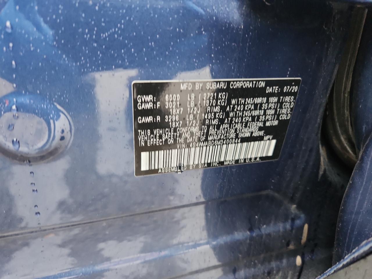 2021 Subaru Ascent Premium VIN: 4S4WMABD6M3400844 Lot: 92924625