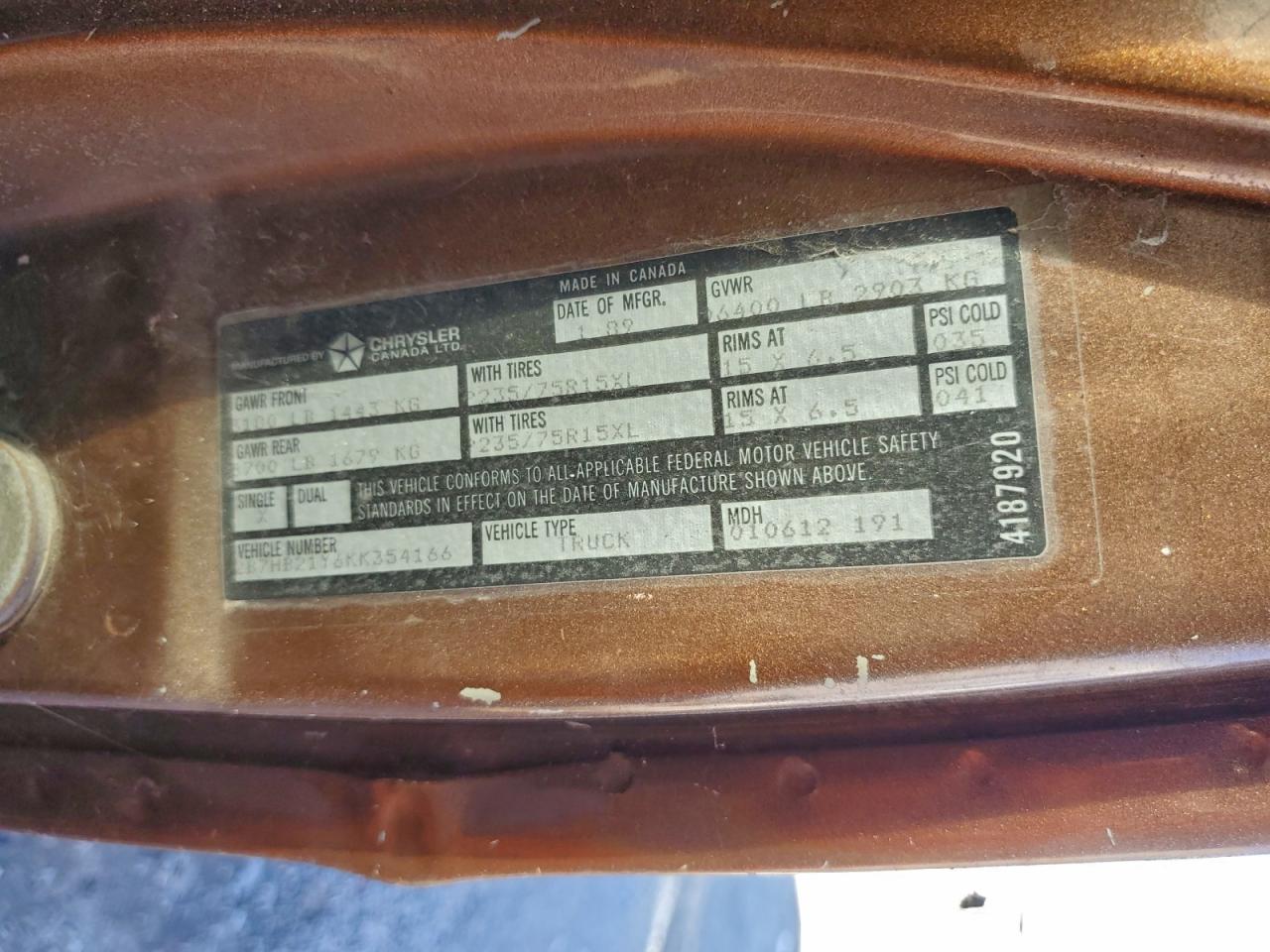 1989 Dodge Ram Van B250 VIN: 2B7HB21Y6KK354166 Lot: 94834225