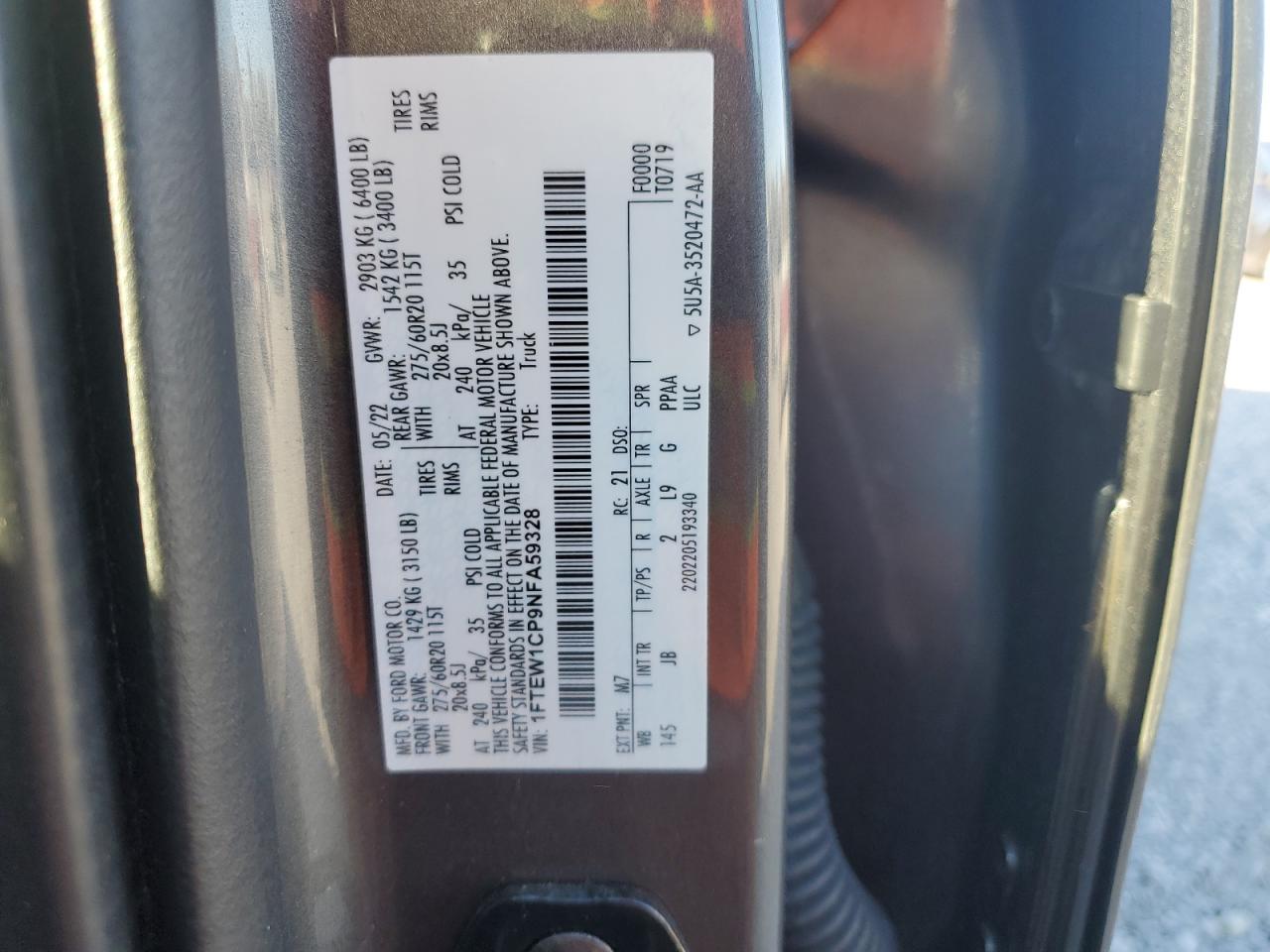 2022 Ford F150 Supercrew VIN: 1FTEW1CP9NFA59328 Lot: 92648755