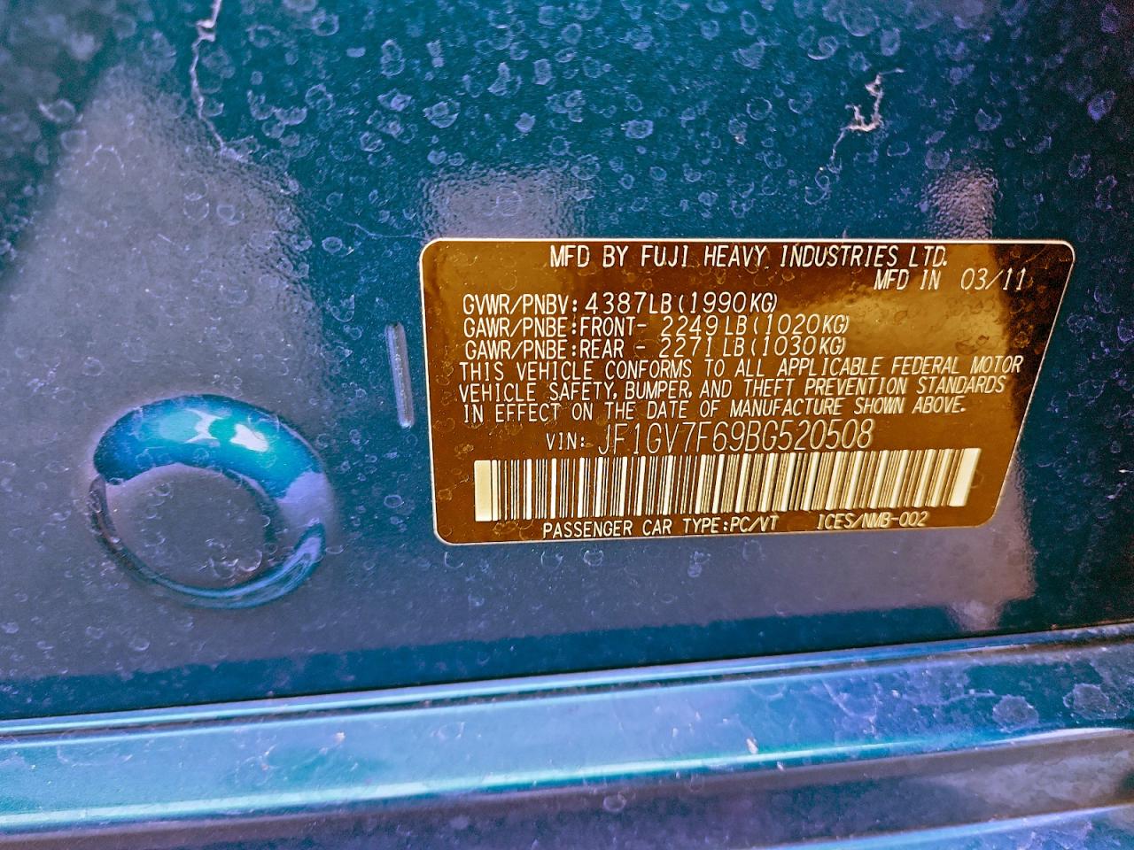 2011 Subaru Impreza Wrx VIN: JF1GV7F69BG520508 Lot: 94351565