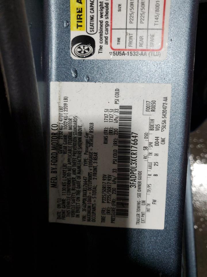 2012 Ford Fusion Hybrid VIN: 3FADP0L3XCR176647 Lot: 93757435