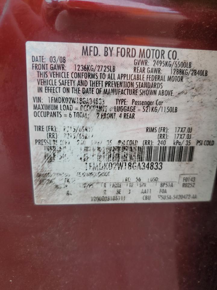 2008 Ford Taurus X Sel VIN: 1FMDK02W18GA34833 Lot: 92805395