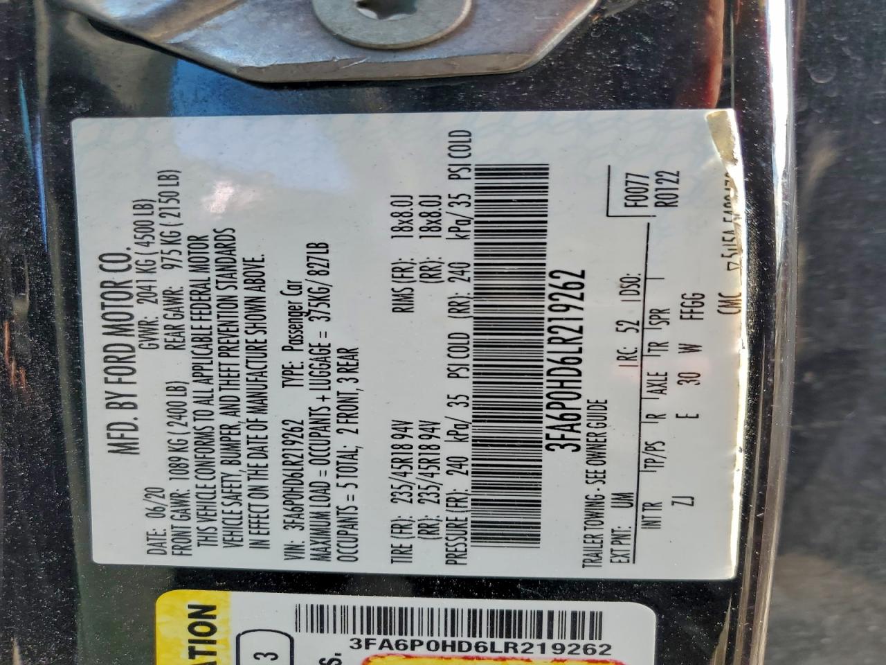 2020 Ford Fusion Se VIN: 3FA6P0HD6LR219262 Lot: 94290835