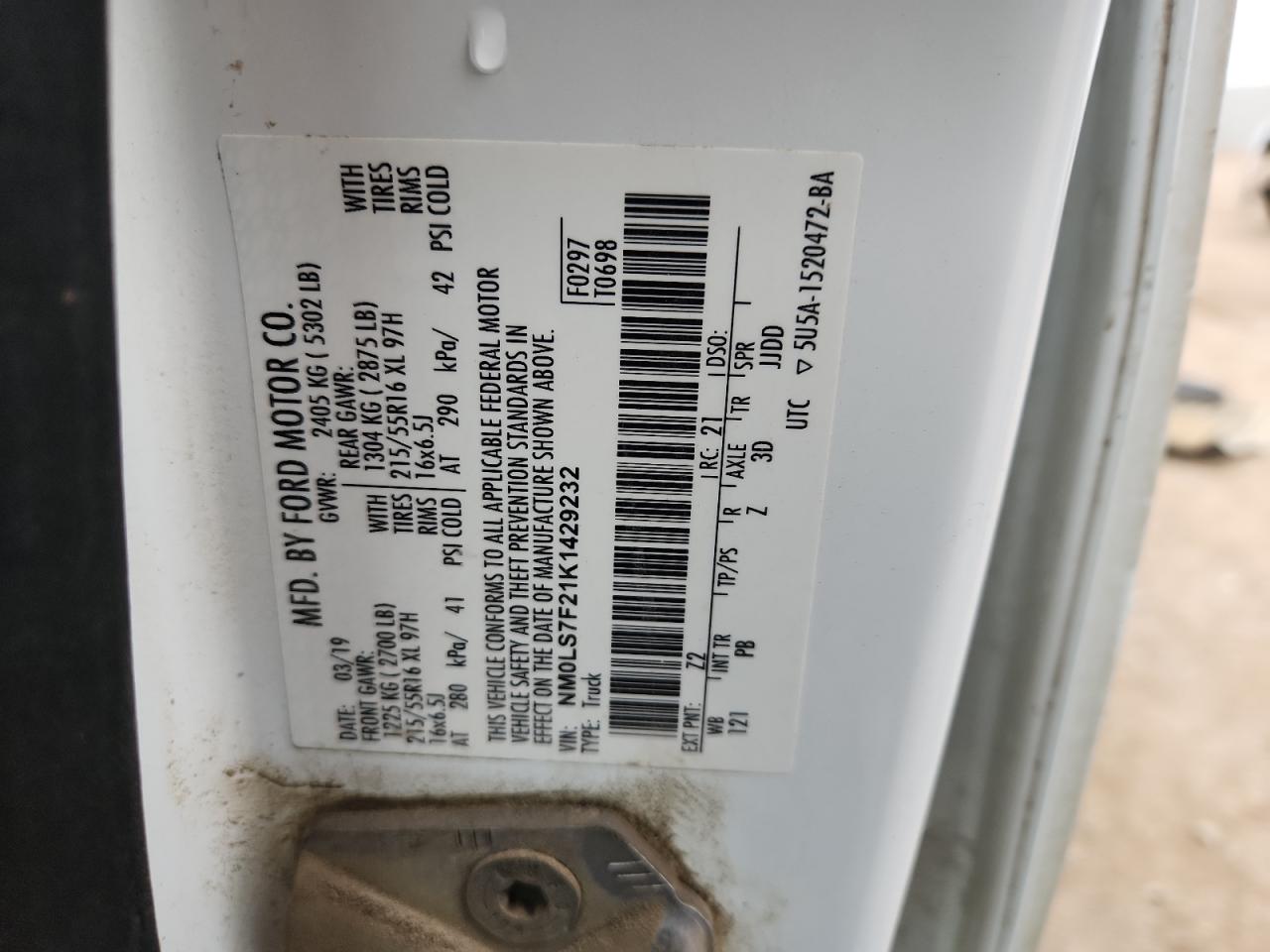 2019 Ford Transit Connect Delivery Van VIN: NM0LS7F21K1429232 Lot: 92467005