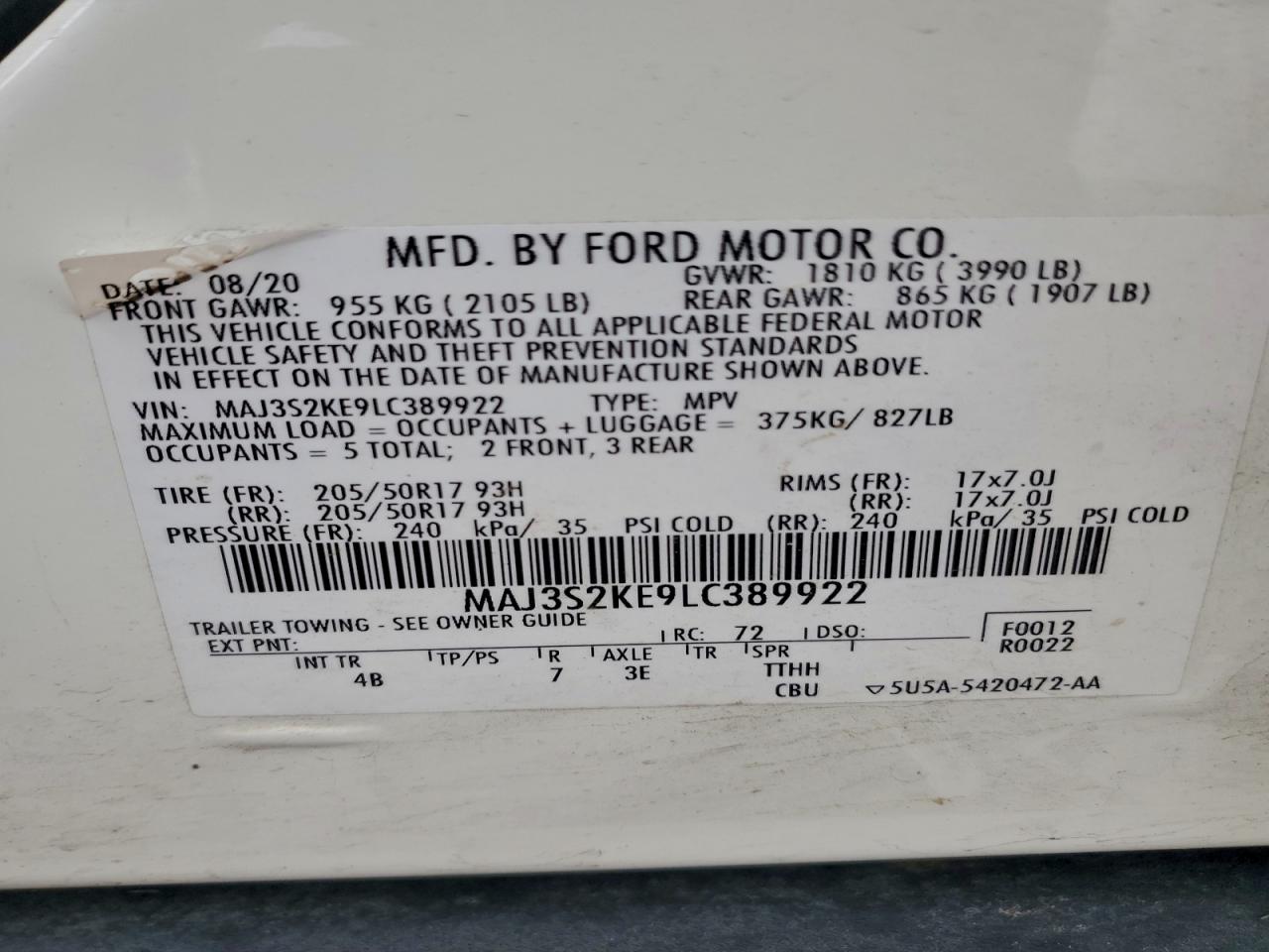 2020 Ford Ecosport Titanium VIN: MAJ3S2KE9LC389922 Lot: 93786975