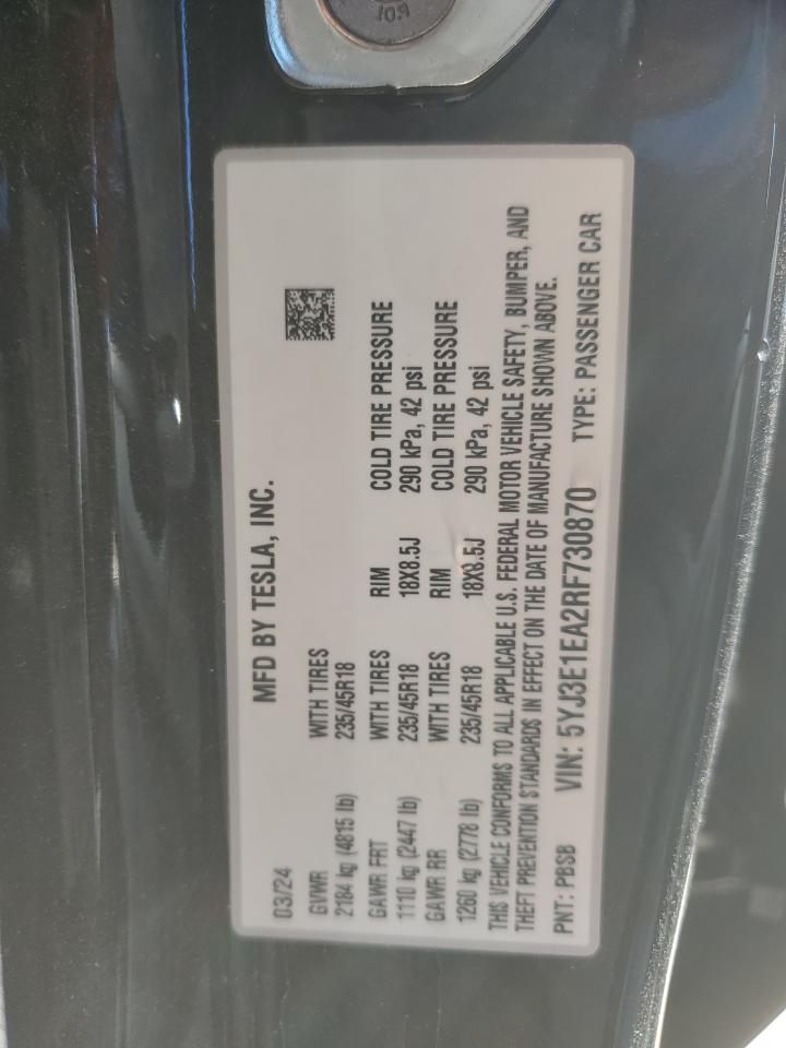 2024 Tesla Model 3 VIN: 5YJ3E1EA2RF730870 Lot: 90132175