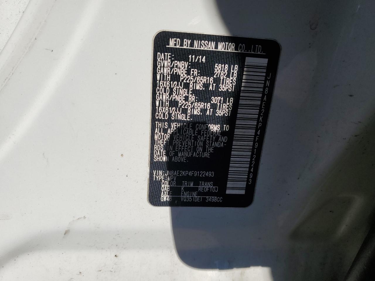 2015 Nissan Quest S VIN: JN8AE2KP4F9122493 Lot: 92156175