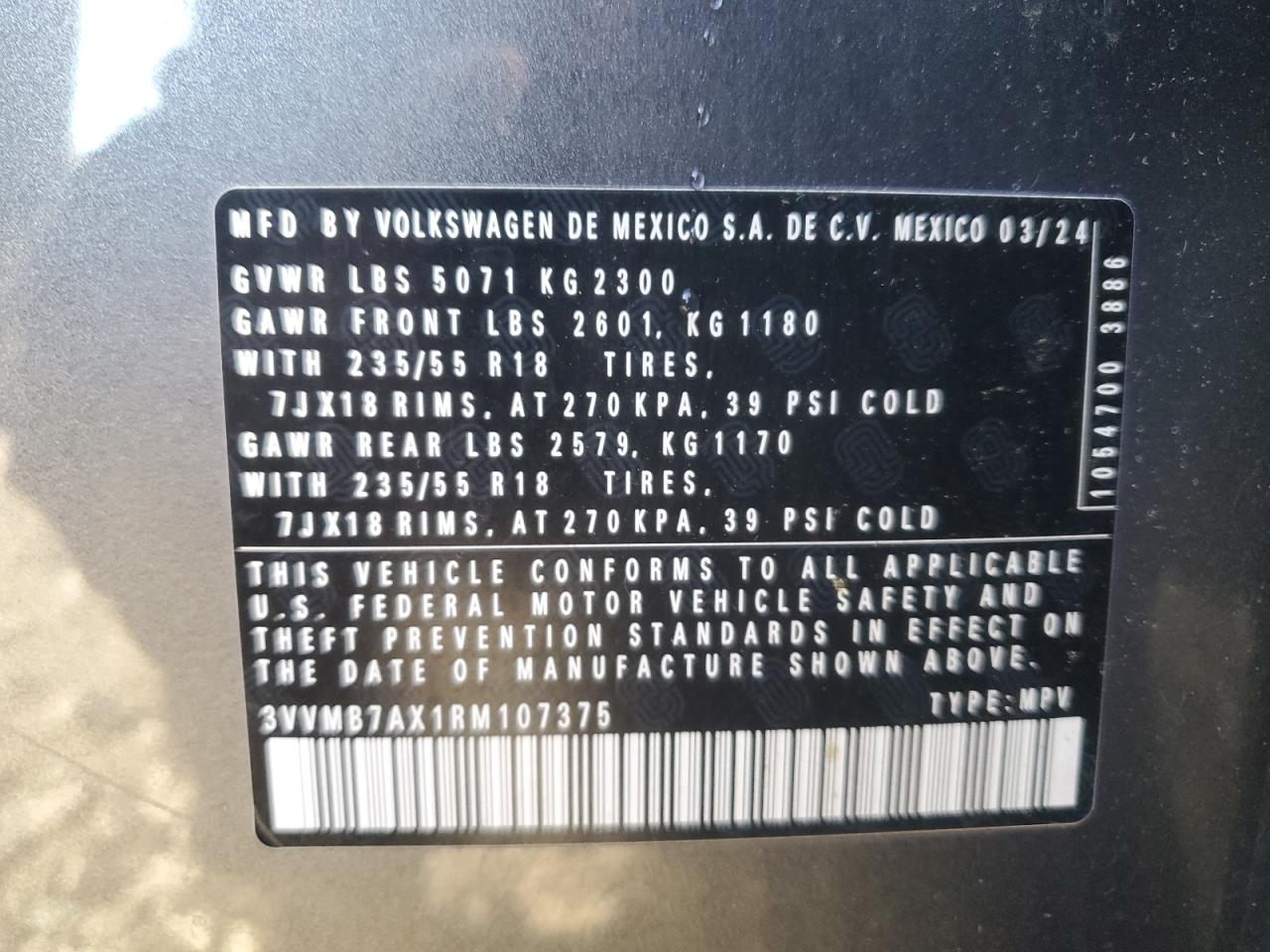 2024 Volkswagen Tiguan Se VIN: 3VVMB7AX1RM107375 Lot: 92575625