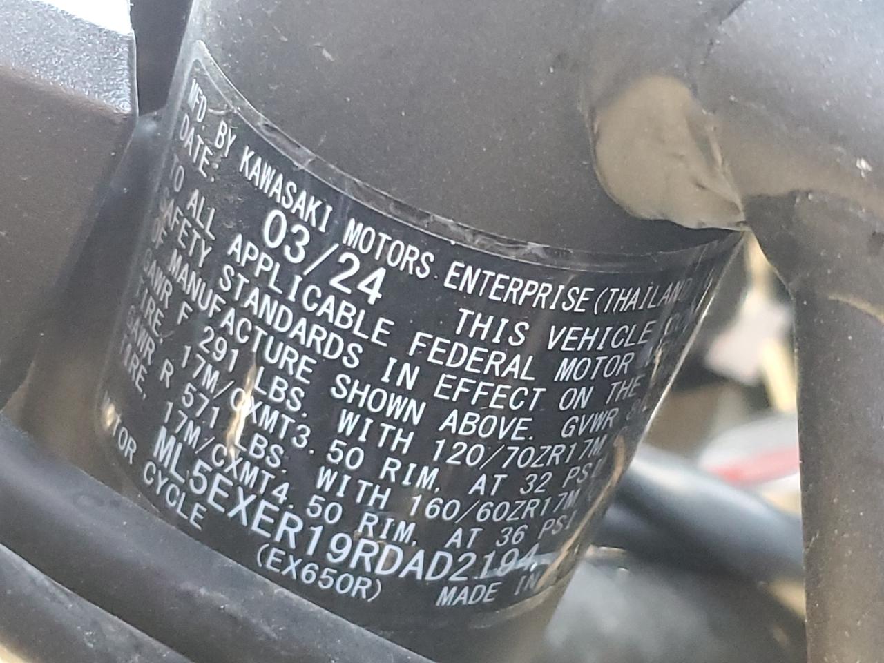 2024 Kawasaki Ex650 R VIN: ML5EXER19RDAD2194 Lot: 91556705